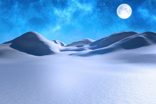 Fototapeta scene is showing rolling snow dunes under glowing full moon with starry sky in flat design