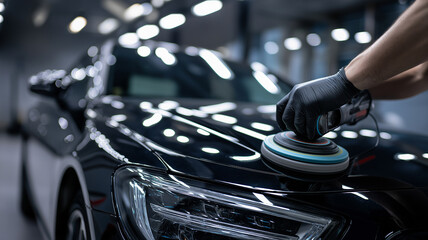 Auto Service Worker Polishing Black Luxury Car in Modern Repair Shop