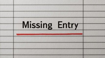 Misappropriation Concepts. A lined notebook page displays the phrase "Missing Entry" sharply underlined in red, a visual cue to a concealed gap in the internal logging or accounting system.