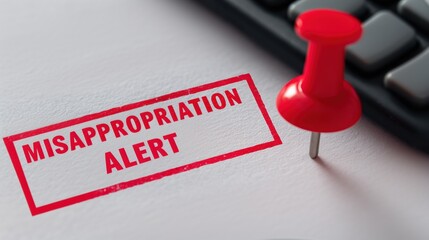 A red pushpin on a keyboard highlights a stamped "MISAPPROPRIATION ALERT" warning in red ink on white paper.