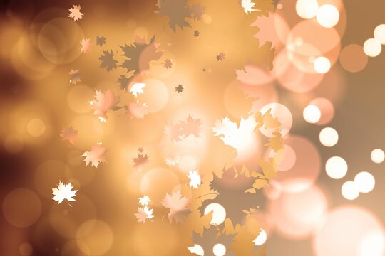 Abstract flat illustration is showing floating maple leaf shapes drifting over golden bokeh circles