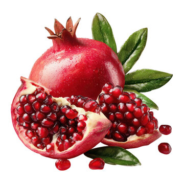 Fresh red pomegranates with vibrant seeds and green leaves isolated on transparent background