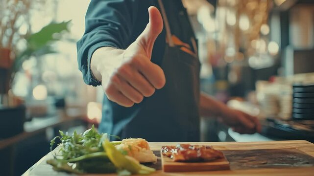 Chef Shows Food with Thumbs Up of Praise