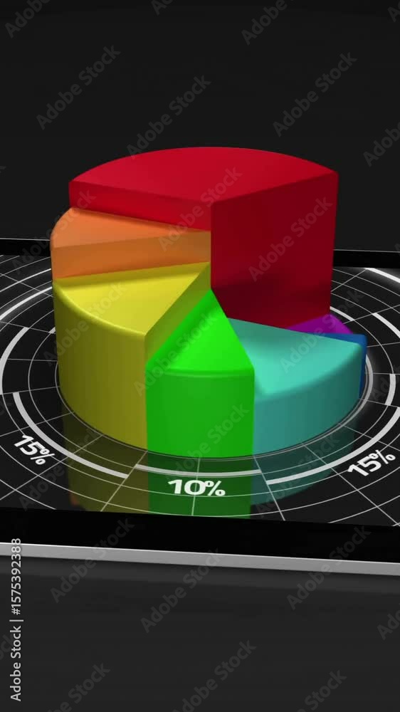 Poster 3d pie chart animation over tablet screen displaying segmented data percentages