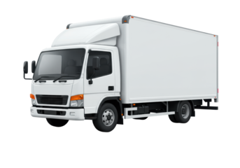 Modern, sleek white delivery box truck with subtle grey accents, detailed vector illustration in 3/4 view on a transparent background with reflection, no shadows, concept for commercial product