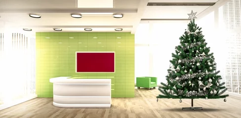Poster Flat design office reception is showcasing decorated Christmas tree near curved desk and tiled wall