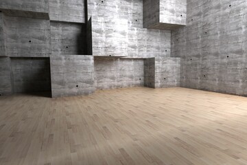 Flat vector showing empty loft interior, highlighting wood floor and geometric concrete walls