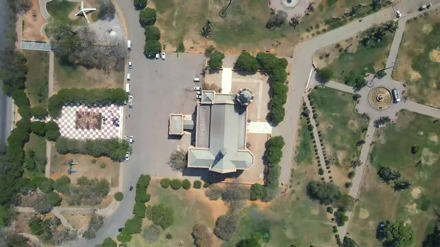 Aerial view of urban park and buildings, Pakistan.