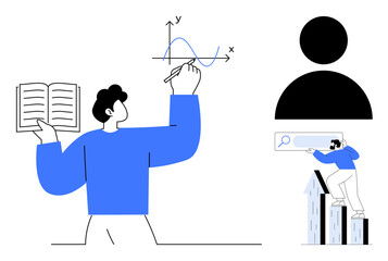 Person studying a book while drawing a mathematical graph, man searching for information on growth bars, and user profile. Ideal for education, statistics, growth, analytics, data, learning