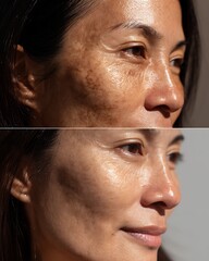 A 30+ year old Asian woman with postpartum melasma recovered after using a product that is safe for breastfeeding mothers.