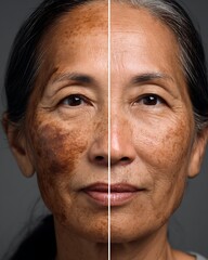 A 60-year-old Asian woman with very visible melasma. After spot laser treatment, her skin is smoother, melasma is thinner, and she doesn't wear makeup.