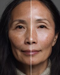 A 60-year-old Asian woman with very visible melasma. After spot laser treatment, her skin is smoother, melasma is thinner, and she doesn't wear makeup.