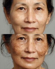 A 60-year-old Asian woman with very visible melasma. After spot laser treatment, her skin is smoother, melasma is thinner, and she doesn't wear makeup.