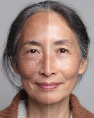 A 60-year-old Asian woman with very visible melasma. After spot laser treatment, her skin is smoother, melasma is thinner, and she doesn't wear makeup.