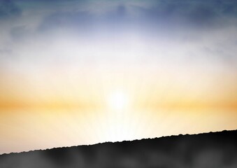 Bright sun is rising over jagged ridge in flat design illustration, casting warm glowing rays © vectorfusionart