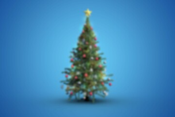 Evergreen tree is standing in flat design on blue background with red baubles and star topper