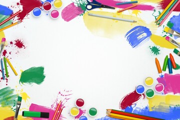Border of paintbrushes and pencils is forming around white sheet in flat vector art