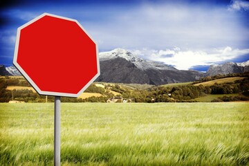 Flat design showing blank red octagonal sign on metal pole in meadow with houses and hills