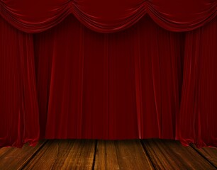 Flat design is showing red velvet curtain hanging across stage on wooden floor planks