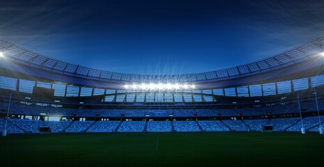 Stadium bowl is being shown in flat design with floodlights illuminating grass pitch, copy space