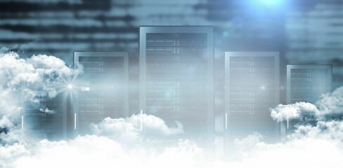 Cluster of server racks is rising from white clouds, showing code overlays with lens flare