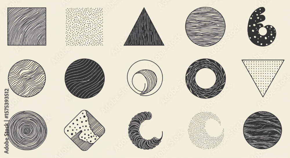 Poster geometric shapes create an abstract artistic pattern with hand-drawn sketch style and unique texture