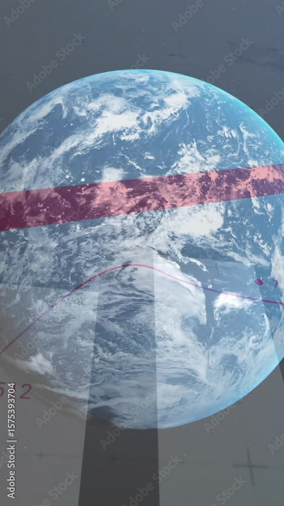 Poster rotating earth with red arrow and bar chart animation showing global data trends