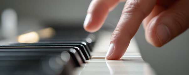 Close up of a hand pressing a piano key in a softly lit room during a music practice session