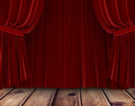 Fototapeta Flat design scene is showing closed red velvet stage curtains with wide tiebacks over wooden floor
