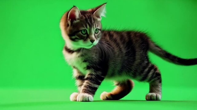A tabby cat walking towards the camera on a green screen studio background in a close up view green screen animal video