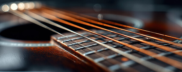 Close-up view of guitar strings highlighting craftsmanship and details in musical instrument