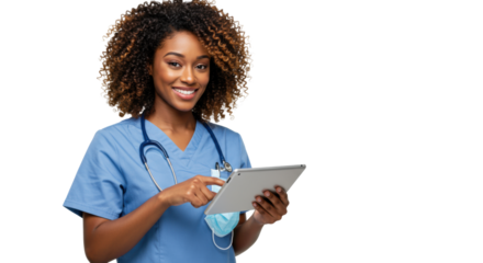 Young african american woman (25-30) in blue medical scrubs, medium curly blonde ombre hair, holding silver digital tablet, smiling friendly at camera against sterile white studio background with