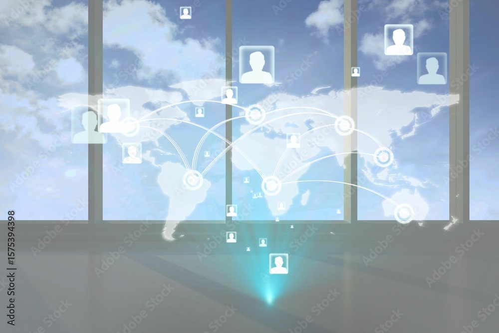 Poster flat design global network map is projecting on office windows, showing translucent nodes and lines