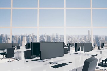 Showing flat design flat-screen monitor on white desk with keyboard and mouse facing city skyline