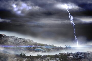 Stormy landscape with lightning bolt