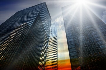 Low angle view of skyscrapers at sunset