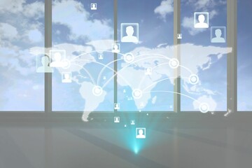 Flat design global network map is projecting on office windows, showing translucent nodes and lines