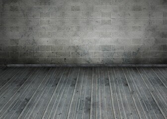 Empty room interior is featuring weathered grey brick wall, skirting board and wooden plank floor