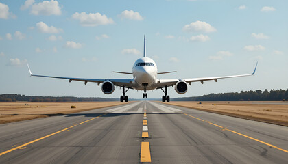 A commercial airplane approaching the runway for landing on a clear day with blue skies above it