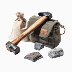 Craftsman's Hammer, Stones, and Bag Rustic Tool