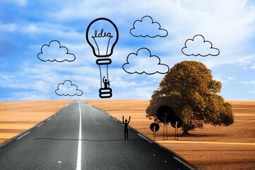 Hot balloon graphic on scenery with street