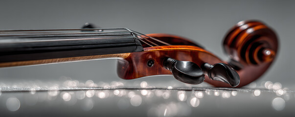 Beautiful wooden violin resting on soft surface with sparkling lights in the background, showcasing its elegant design and craftsmanship