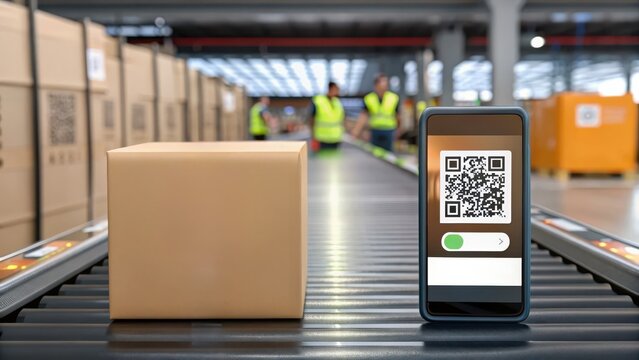 safety in Food and Beverage A package with a smartphone displaying a QR code on a conveyor belt in a warehouse setting.