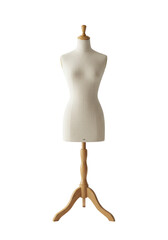 Classic dressmaker's mannequin of light beige linen with textured fabric, smooth light brown wooden neck cap, and elegant tripod stand, against a transparent isolated shadowless background. Concept of