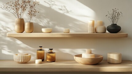 Minimalist workspace with decorative items and plants on shelves for an eco-conscious, modern look.