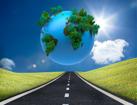 Fototapeta Digitally generated earth floating over street