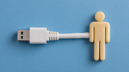 A USB cable connected to a human-shaped figure on a blue background, symbolizing digital connection or technology-human interaction.