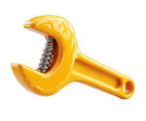Shiny yellow adjustable wrench gripping metal coil isolated on transparent background