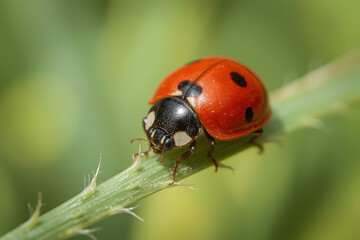 Fototapeta premium A ladybug crawling on a fresh green blade of grass, with natural bokeh in the background