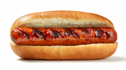 Barbecued hot dog with charred grill marks, isolated on pure white background. Sleek sausage in soft bun, perfect for food cut-out and menu design.